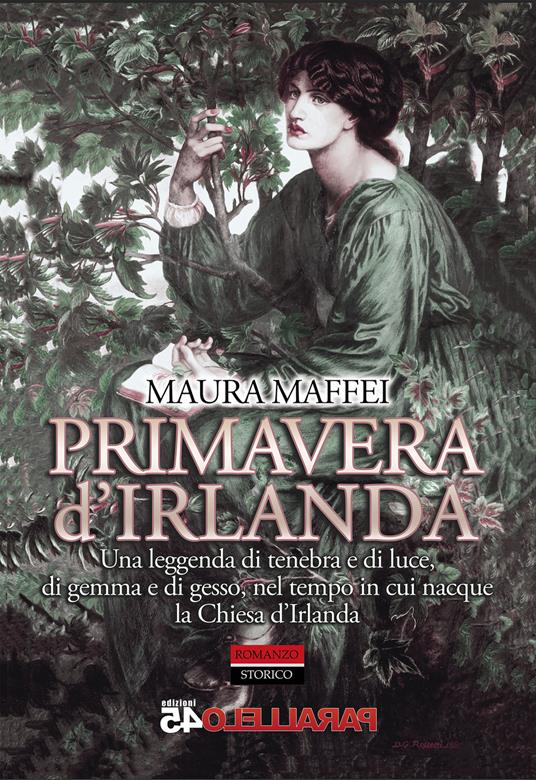 Copertina del romanzo primavera d'Irlanda una giovane sotto un albero con vestito verde irlandese