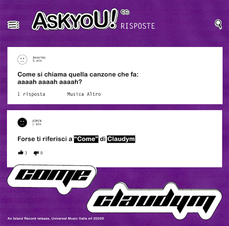 claudym - la copertina del singolo come, che raffigua lo screenshot di una piattaforma social