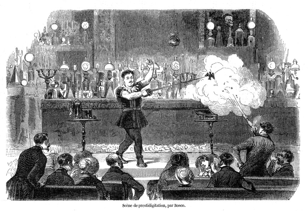 Bartolomeo Bosco, the magic life del più grande mago illusionista di tutti i tempi. litografia originale con uno spettacolo di Bosco sul palcoscenico mentre esegue il numero del piccione