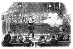 Bartolomeo Bosco, the magic life del più grande mago illusionista di tutti i tempi. litografia originale con uno spettacolo di Bosco sul palcoscenico mentre esegue il nuemro del plotone di esecuzione