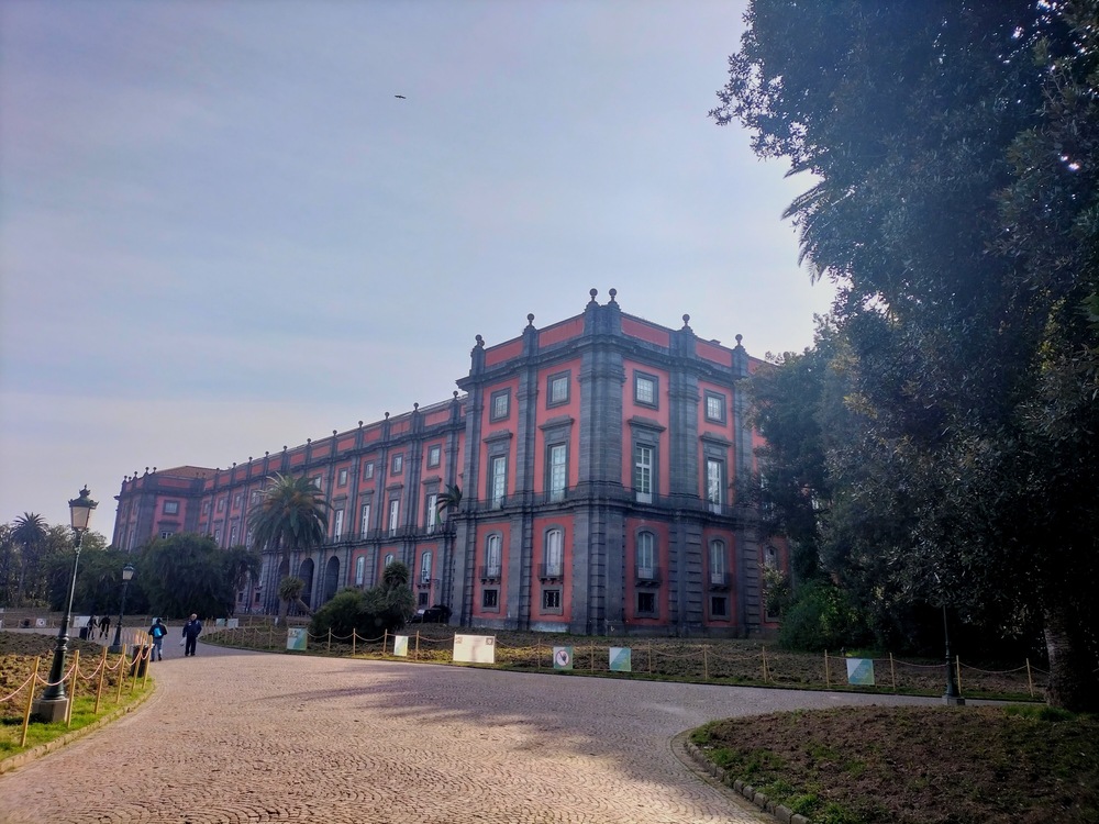 NAPOLI- Nella foto è inquadrata la Reggia di Capodimonte. L'edificio è rosso napoletano e di forma rettangolare. Le pareti esterne presentano lesene grigie alternate a finestre e balconi. L'ingresso principale è costituito da tre archi a tutto sesto.