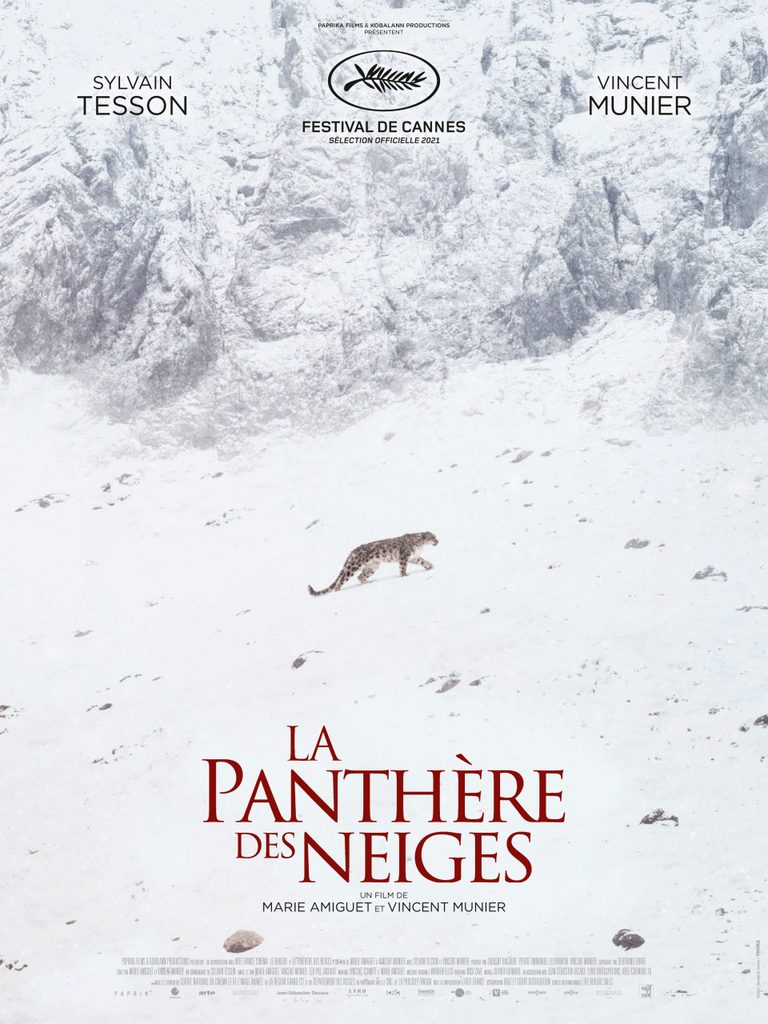 WANTED CINEMA, LA PANTERA DELLE NEVI- locandina ufficiale del film. Sullo sfondo c'è una parete rocciosa innevata. In primo piano la pantera delle nevi cammina sulla neve. Il titolo francese della pellicola è scritto in stampatello maiuscolo in rosso, a contrasto con il paesaggio bianco.