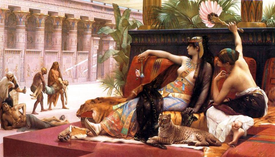 Tra brutto e kitsch. Alexandre Cabanel e il suo quadro di Art pompier Cleopatra. Donne egiziane on vesti da odalisca con tigre e uomini che vengono trasportati a braccia seminudi