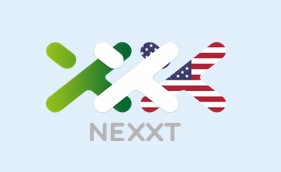 nexxt - la parola è formata da una "X" verde, una binca al centro,  e una colorata con la bandiera americana