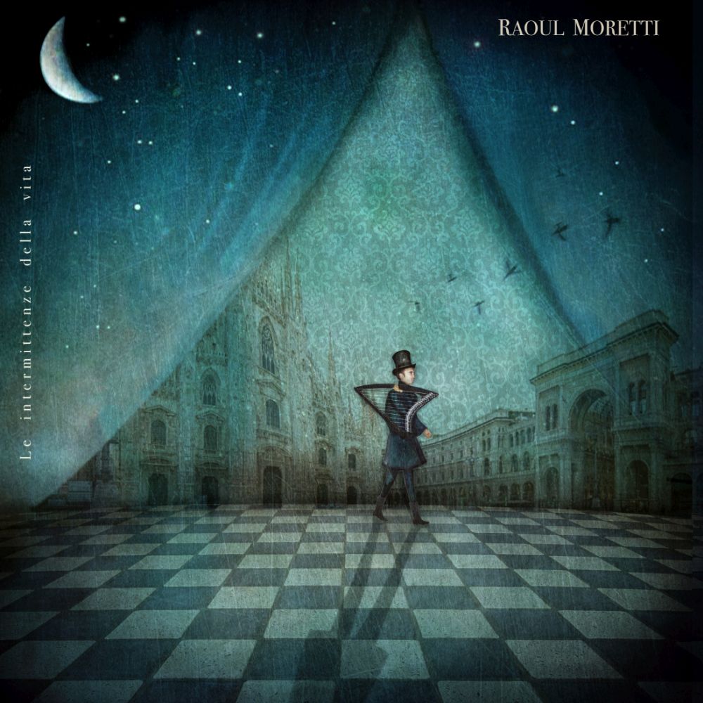 raoul moretti - le intermittenze della vita - la copertina del disco - un disegno che rappresenta un arpista su un palcoscenico col pavimento a scacchi