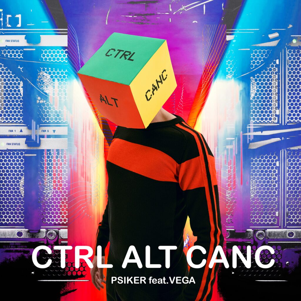 psiker - la copertina di ctrl alt canc che raffigura un uomo con un maglione nero e rosso, con in testa una scatola con scritto ctrl alt canc