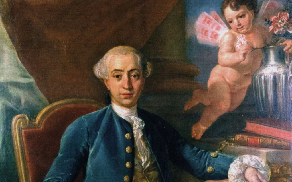 Giacomo Casanova ritratto pittorico in uno dei suoi viaggi a Torino ritratto sotto un putto e dedito al. Gioco d'azzardo 
