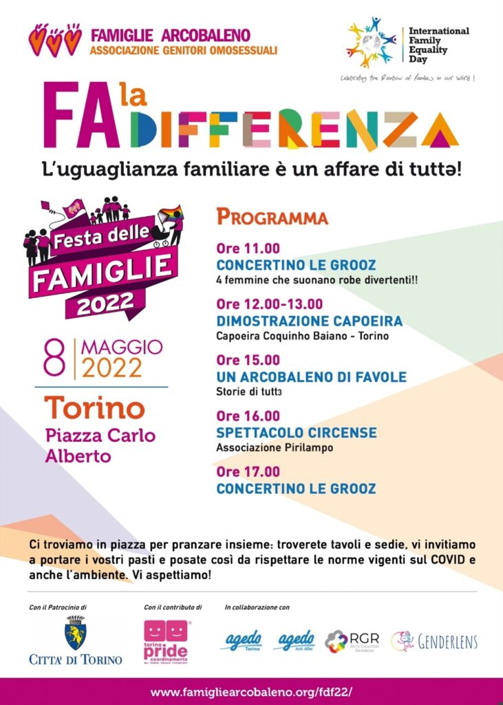 Locandina per il family equality day con l'intero programma in colori arcobaleno