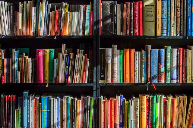 SALONE DEL LIBRO- scaffale nero diviso in sei scomparti con all'interno numerosi libri di dimensioni e colori diversi.