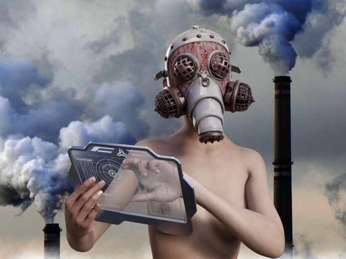 inquinamento - un uomo a petto nudo con un aorrenda maschera antigas tiene in mano un tablet trasparente e dietro di lui ciminiere e smog