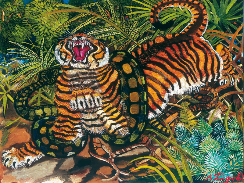 dipinto di ligabue tigre che lotta con un serpente avvolto intorno al collo
