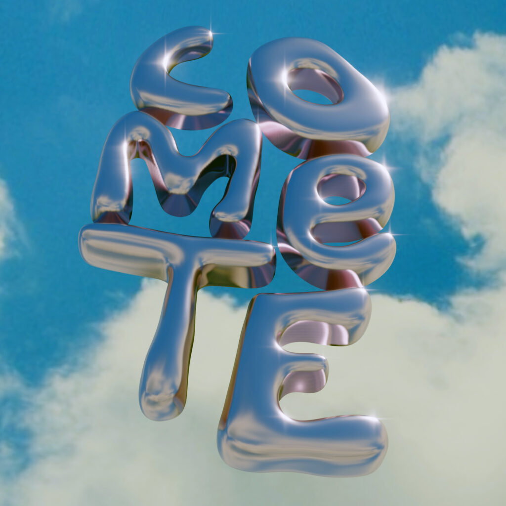 leonardo lamacchia - la parola comete formata da palloncini su uno sfondo di nuvole e cielo azzurro