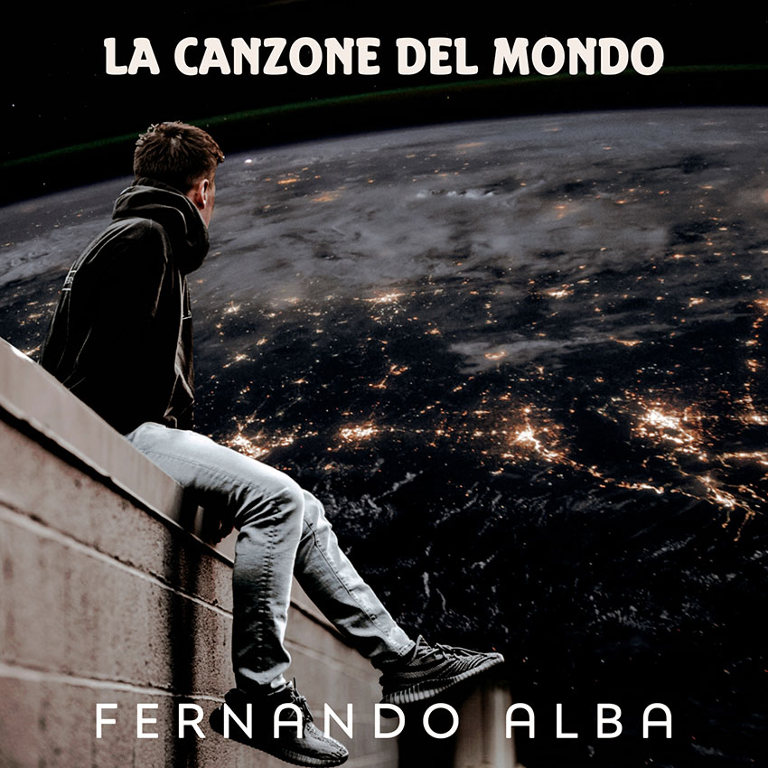 ferdinando alba - la copertina di la canzone del mondo - un ragaazzo seduto su un muretto, che guarda le stelle