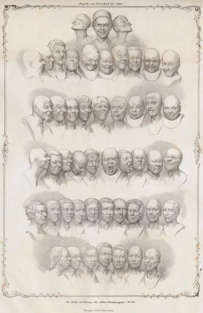 Matthias Rudolf Toma, Le «teste di carattere» di Messerschmidt, litografia, 1839 con incise molte delle teste.