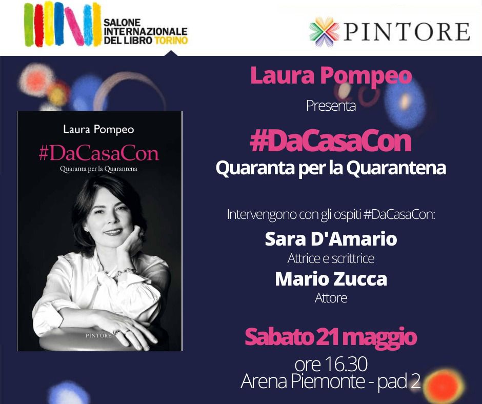 #DaCasaCon - la locandina della presentazione del libro con una foto di Laura Pompeo in bianco e nero, seduta, con il mento appoggiato sulla mano sinistra 