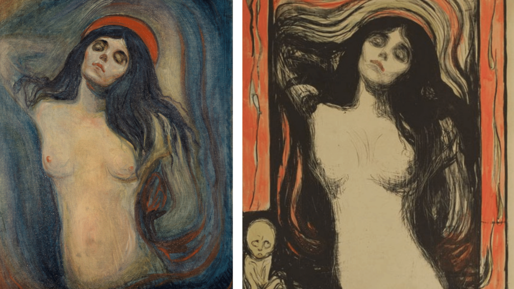 edvard Munch due versioni del dipinto madonna un olio e una litografia.uma donna a nuda ritratta fin sotto lomblico con aureola rossa e chiome scure