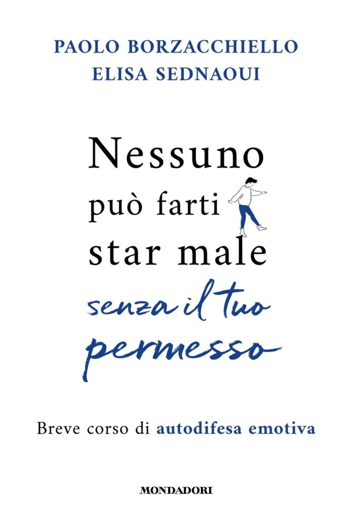 nessuno può farti stare male senza il tuo permesso - la copertina bianca del libro con le scritte in nero e blu e tra le parole è disegnato un omino che è in posizione come un equilibrista su un filo