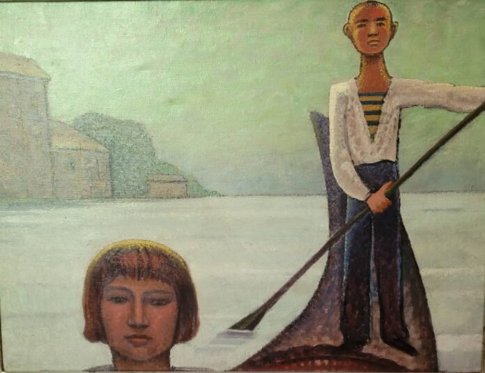 opera di Enrico Allimandi un uomo in atmosfera nebbiosa conduce una gondola con una donna seduta avanti a lui