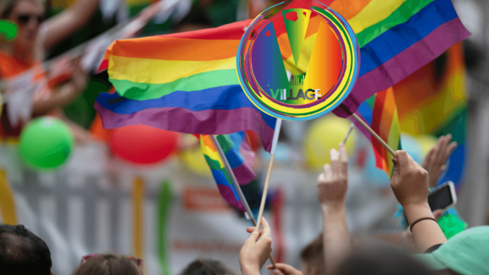 tante bandierine arcobaleno levate da mani delle persone e su sfondo baniidera il logo del padova pride village Festival