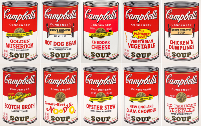 campbells scatole dipinte dA WHAROL particolari lattine bianche e rosse con sopra rosso e sotto bianco scritta rossa su fondo biando soup in nero