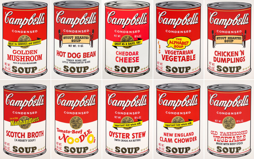 campbells scatole dipinte dA WHAROL particolari lattine bianche e rosse con sopra rosso e sotto bianco scritta rossa su fondo biando soup in nero