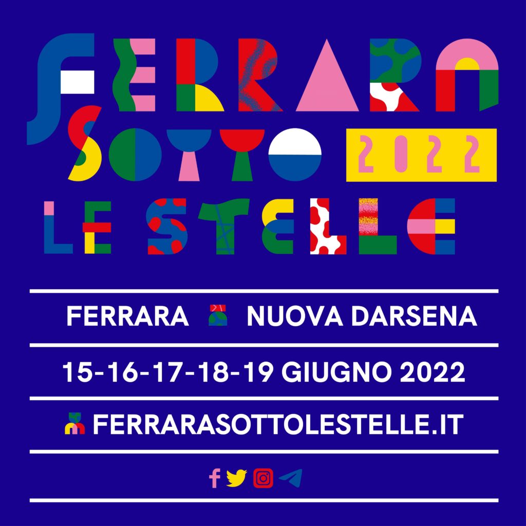 Locandina viola con scritte colorate di Ferrara sotto le stelle