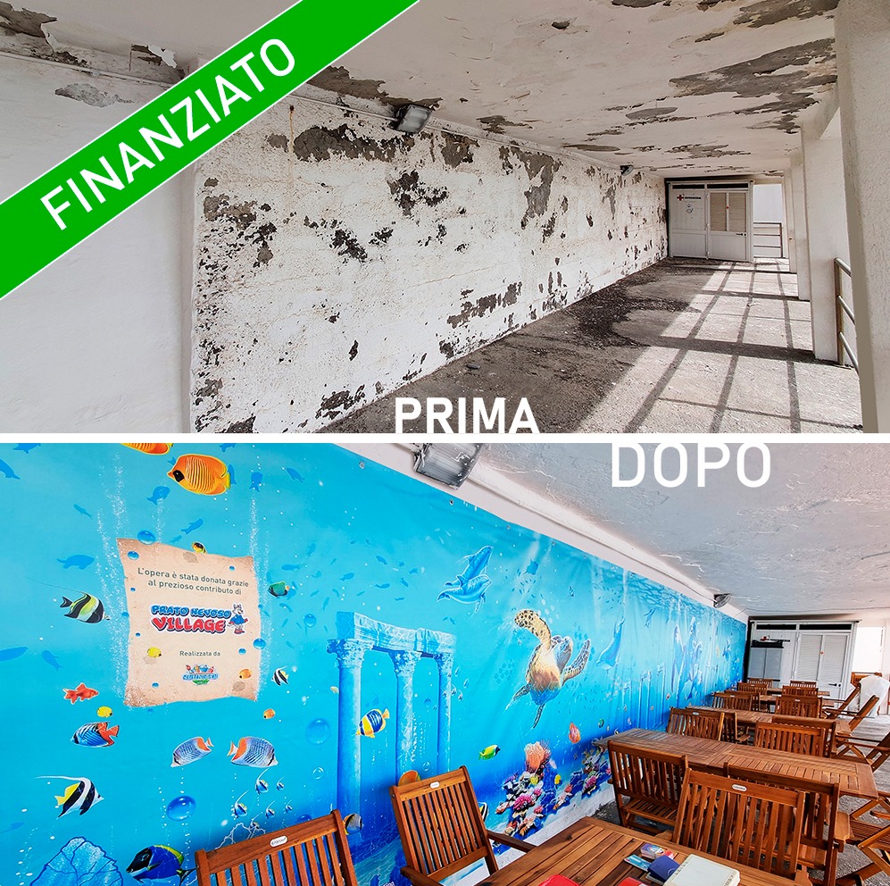 gaslini - le immagini mostrano il prima, con dei muri scostati e deteriorati, e il dopo, con il dipinto di una spiaggia e del mare