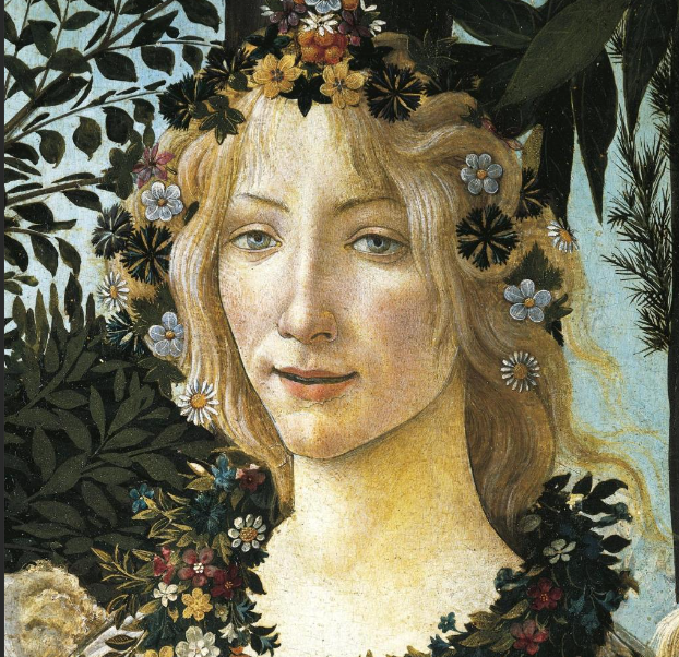 la primavera di Botticelli, testa di donna con moltissimi firoi intorno marcgherita e coroncine di alloro