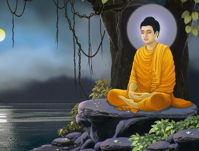 come un buddha sotto un fico - un quadro raffigurante buddha sotto un albero in riva a un corso d'aacqua, con la luna sullo sfondo