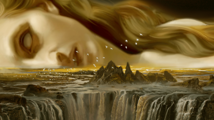 donna viso con lunghi capelli appoggiata su rocce oro e cascate senza orbite