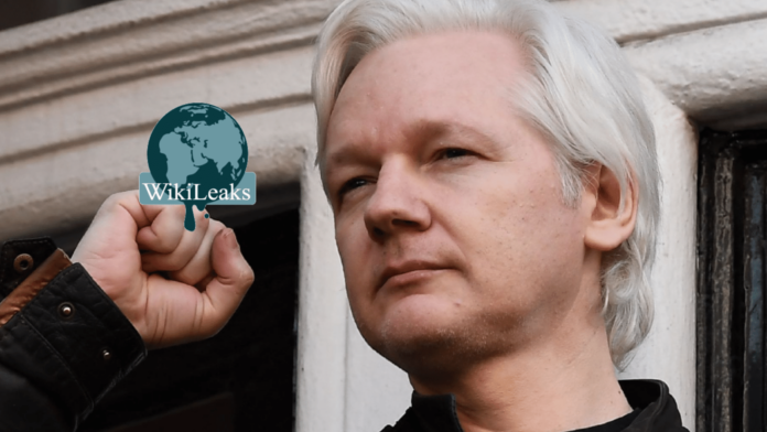 julian assange con pugno alzato e logo wikileaks