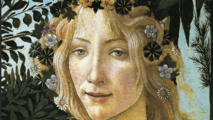la testa della primavera viso di donna con fiori capelli biondi