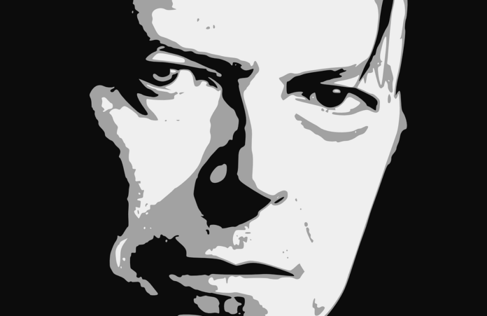 Bowie David in un disegno in bianco e nero. Il primo piano del suo viso