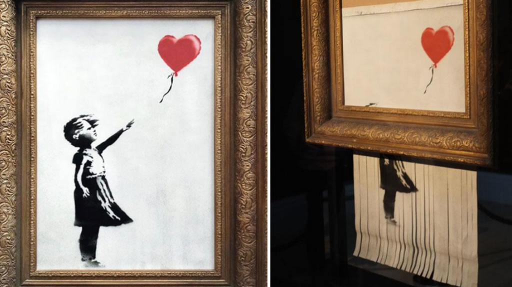 opera di banksy ragazza con palloncino rosso prima e dopo la distruzione in mille striscioline di carta