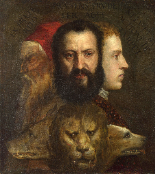 la grande arte Tiziano Vecellio Allegoria dlla Pudenza un volto in primo piano con sotto una testa di leone e di profilo un vescovo e un nobile