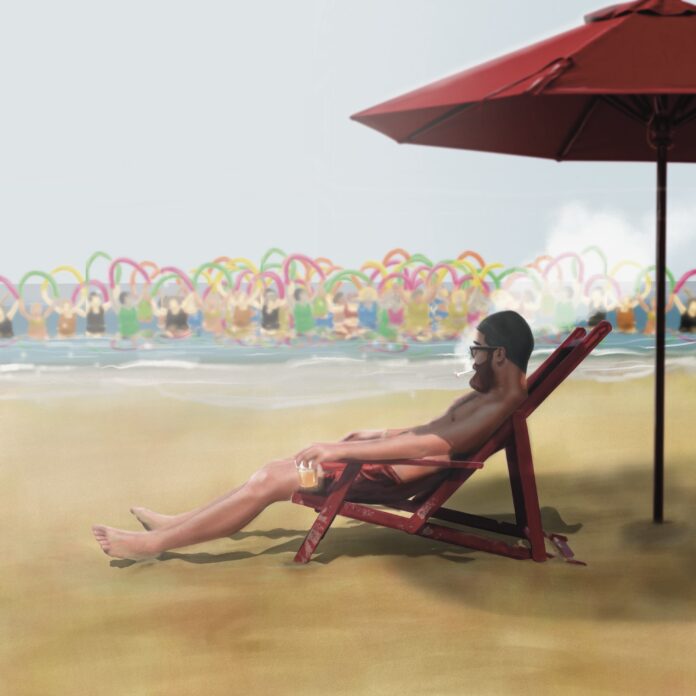 pigro icona cluster - il disegno di un uomo con la barba, in costume da bagno, seduto su una spiaggia, sotto l'ombrellone