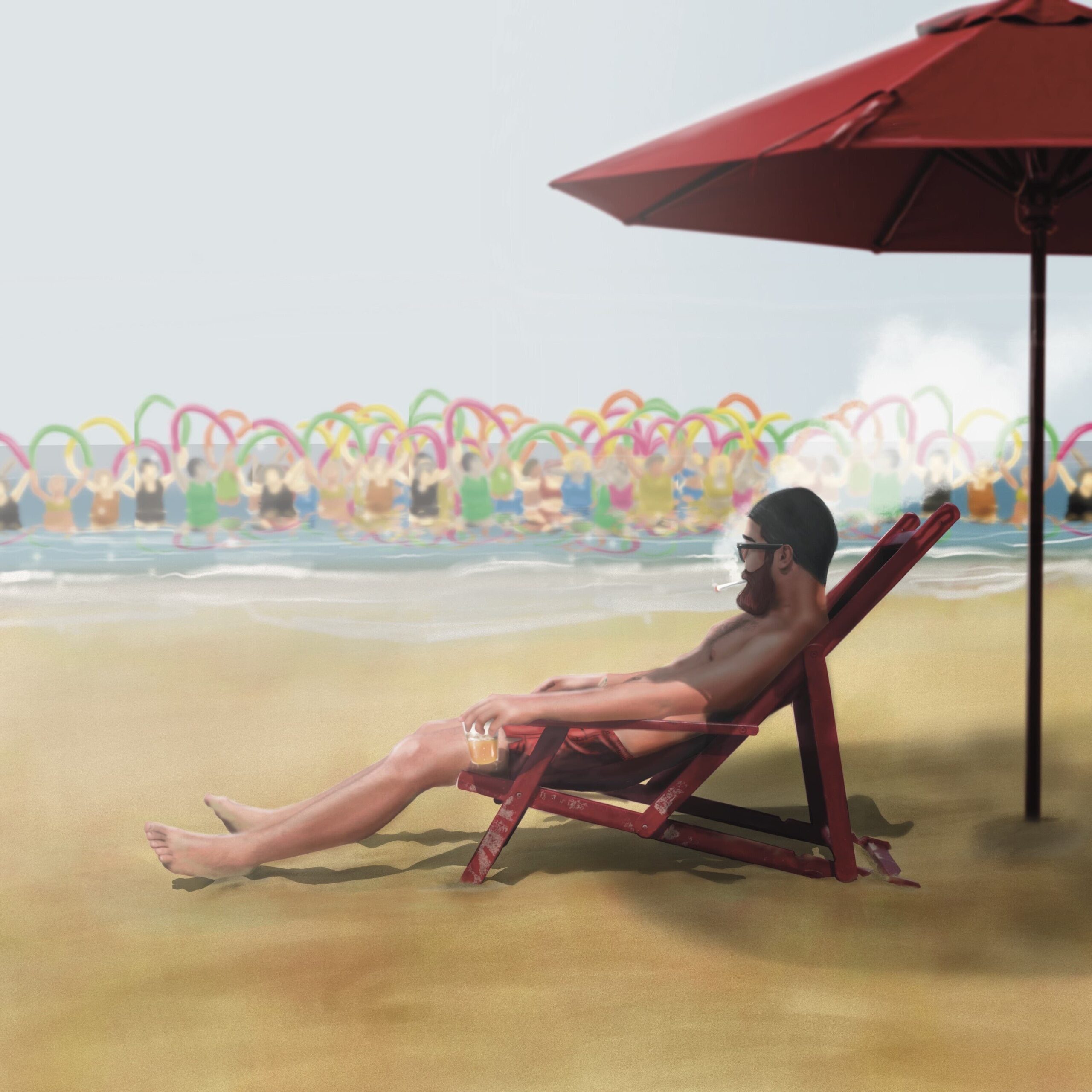 pigro icona cluster - il disegno di un uomo con la barba, in costume da bagno, seduto su una spiaggia, sotto l'ombrellone