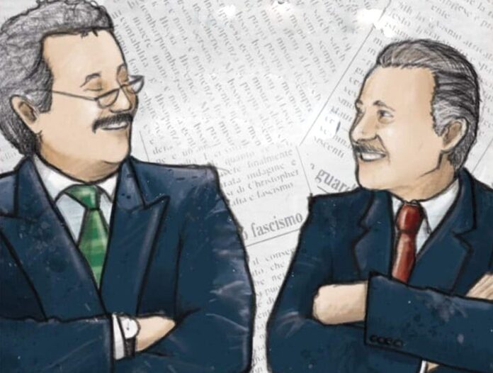 Falcone e Borsellino storia - nella foto i due giudici in un disegno colorato si guardano e sorridono
