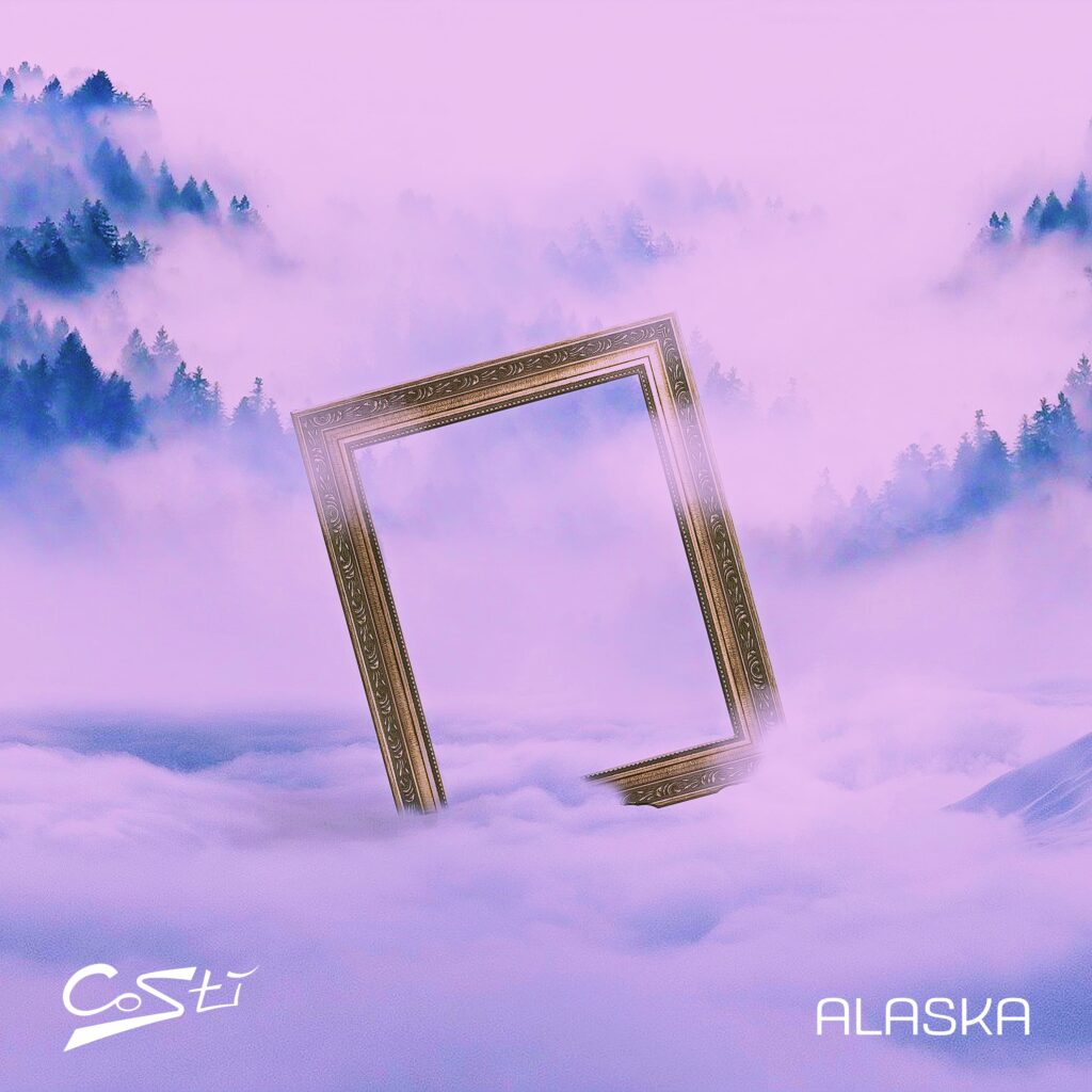 alaska - la copertina del singolo di Costì, che raffigura una cornice vuota, circondata da nuvole violacee