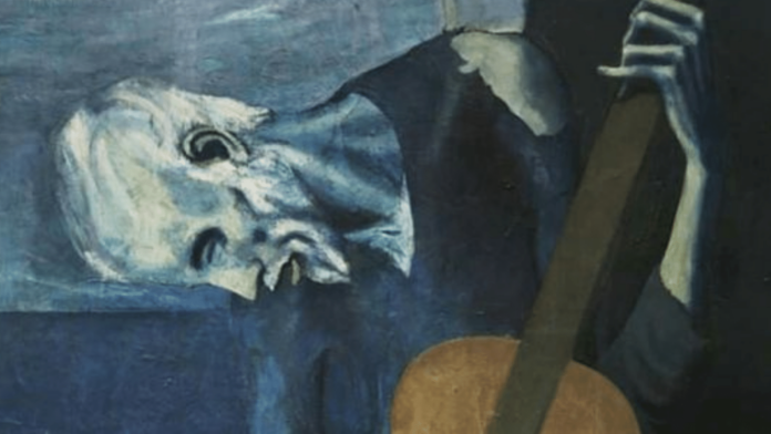 chitarrista cieco di picasso fondo blu con abito blu e chitarra in mano