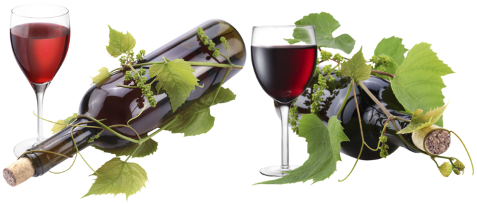 MOnferrato on stage due bottiglie di vino coricate, un calice con del vino rosso e dei grappoli d'uva