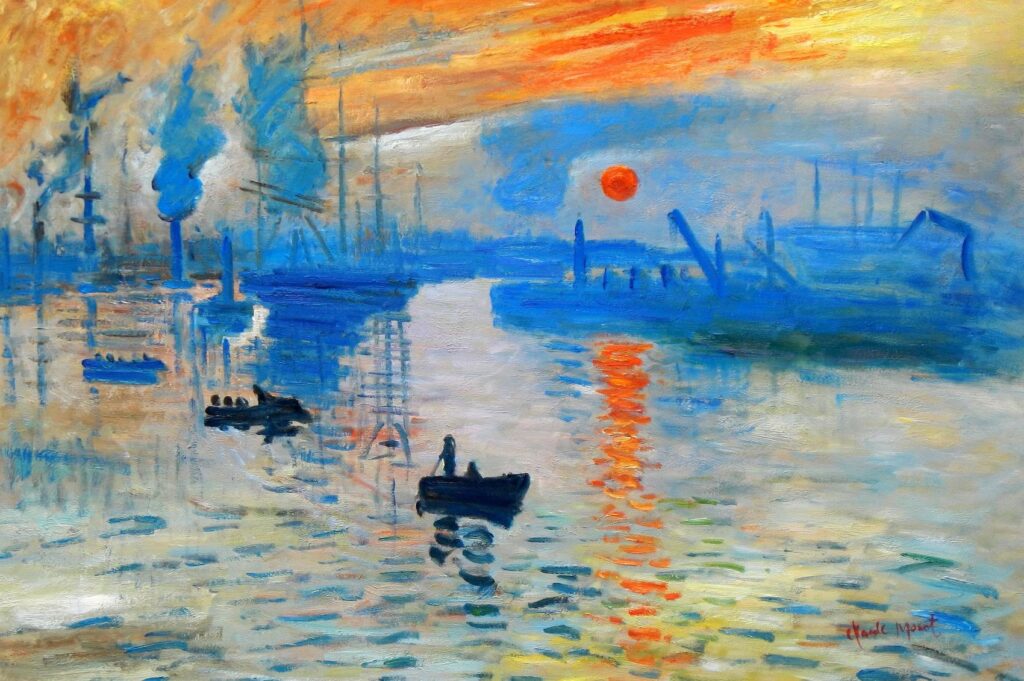 claude monet impression soleil levant. un sole sorge dal mare con molte piccole imbarcazioni intorno