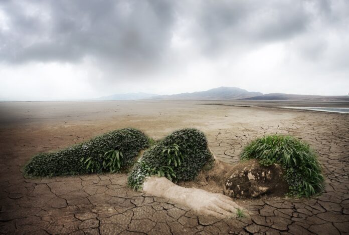 carbon budget - una visione di un deserto con sullo sfondo una montagna. In primo piano dei cespiugli e delle montagnette di terra formano il corpo di una donna sdraiata che dorme sulla terra arida