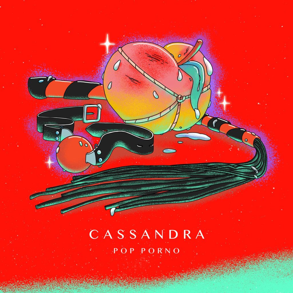 cassandra - la copertina di pop porno, che raffigura, su sfondo rosso, una frusta, una pesca, delle manette e una mascherina nera di pelle