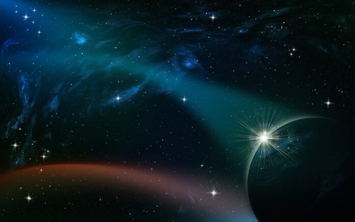 esopianeti - nella foto un pianeta illuminato poco da un puntino di luce genera una scia nell'universo