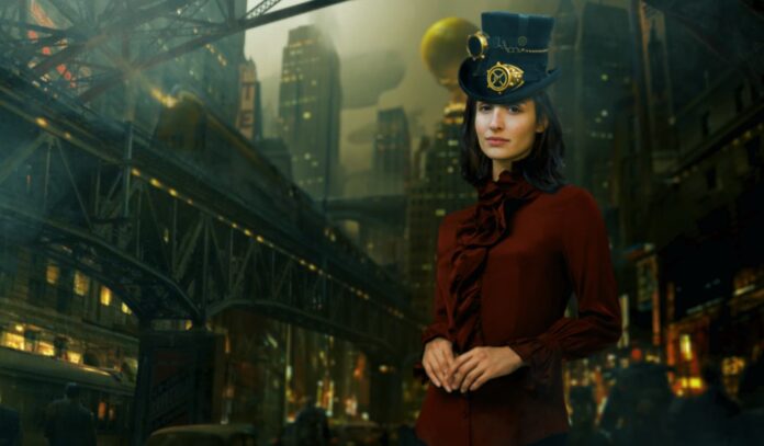 PSY – Ombre abbaglianti - sullo sfondo di una new york agli albori, una donna in abiti ottocenteschi di colore rosso, col cappello a tubo in testa