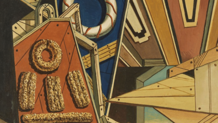 interno metafisico con biscotti su un quadto fondo arancione a sinistra e oggetti sparsi color legno