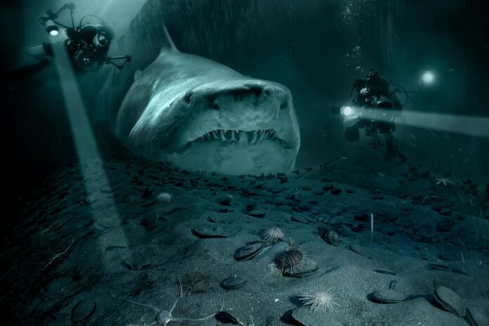un enorme squalo appoggiat sul fondale di un oceano con due sub che gli nuotano affianco
