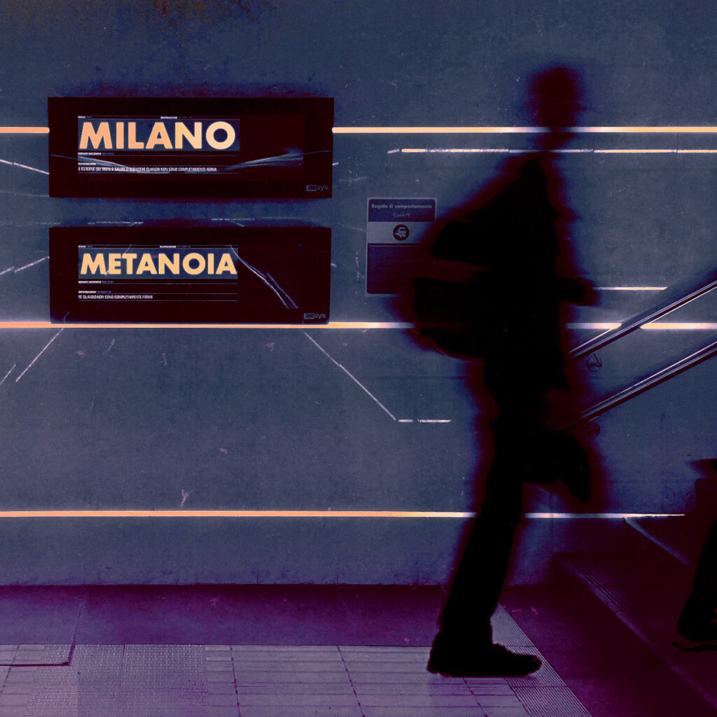 milano - la copertina del singolo dei metanoia che ritrae l'ombra di un uomo con un trolley, dentro la metropolitana
