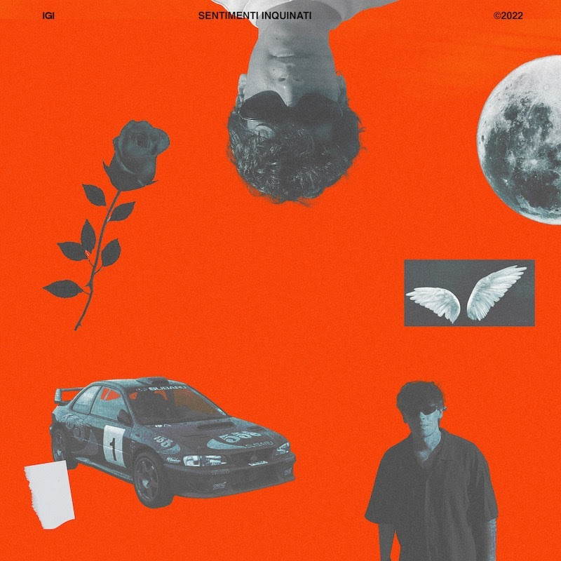 sentimenti inquinati - la copertina del singolo di igi che su sfondo rosso, faffigura una macchina, una rosa e la testa del cantante